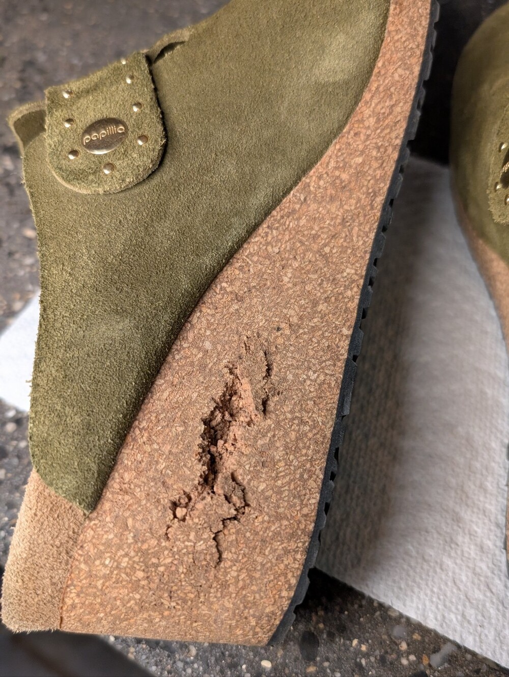 As-Is Papillio Birkenstock Fanny Wedge Clog Green Suede Size 39 cork damage flaw - Picture 3 of 10